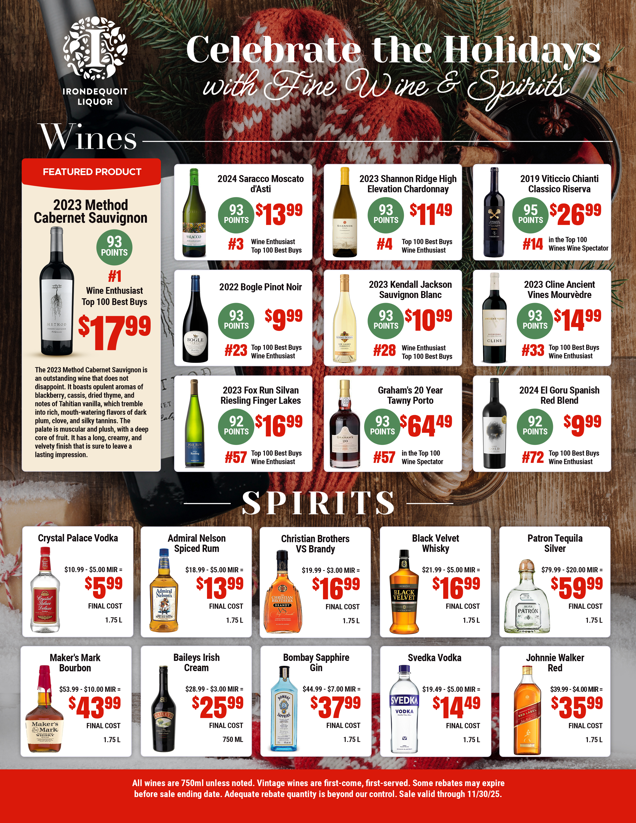 Holiday wine and spirits flyer showing bottles, prices, and specials on various alcoholic beverages.
