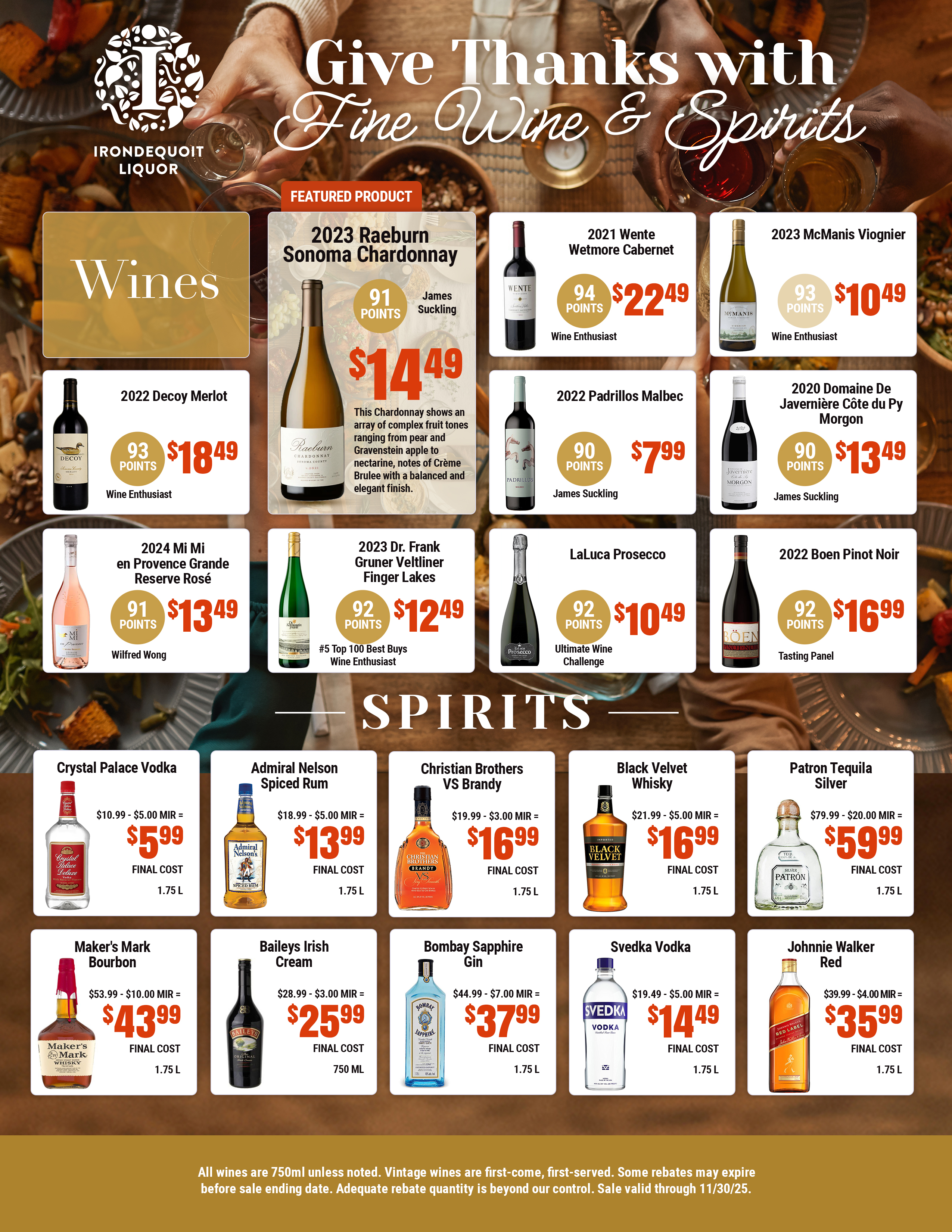 Thanksgiving-themed flyer with wine and spirits bottles, prices, and ratings on a festive table.