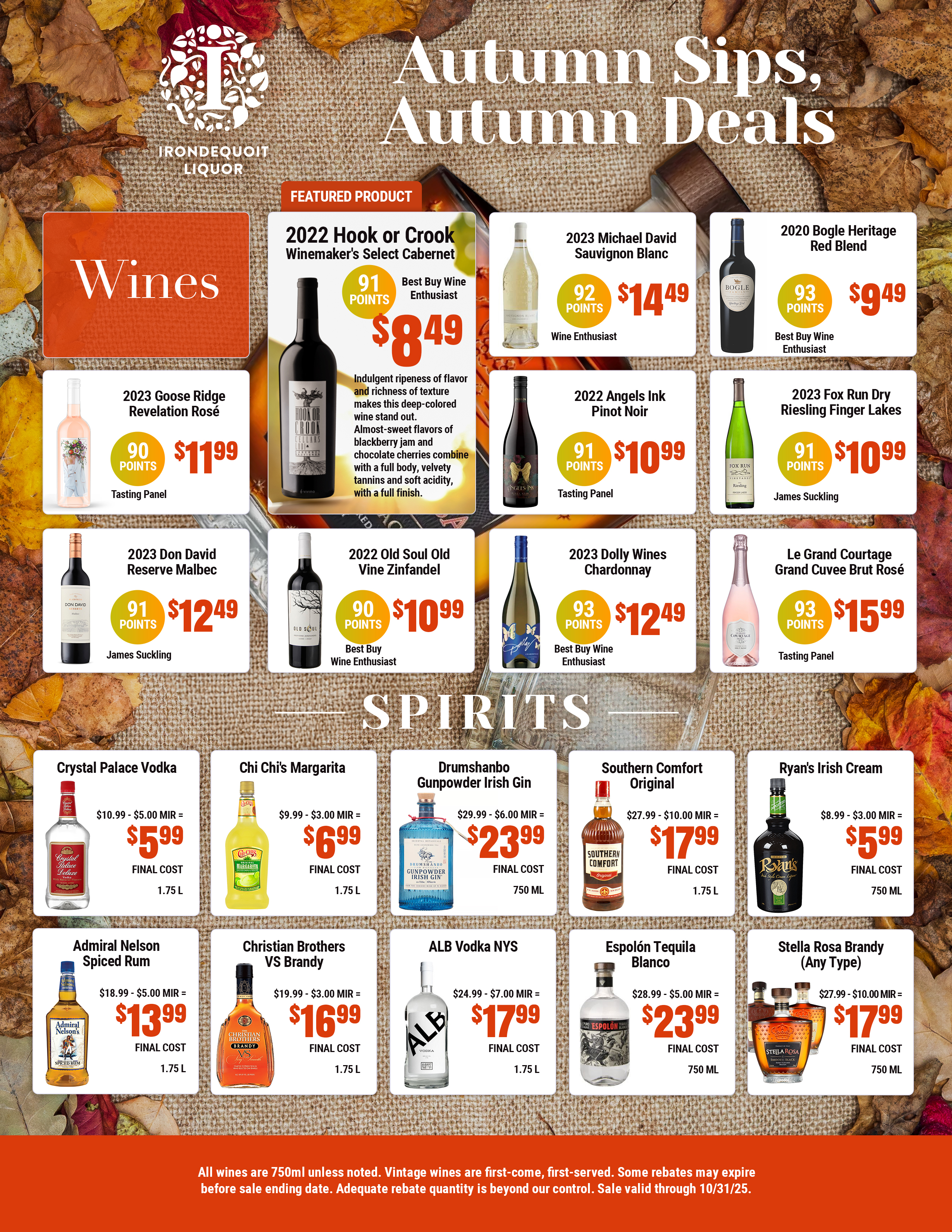 Liquor store flyer featuring fall wine and spirits deals, product images, and discounted prices.