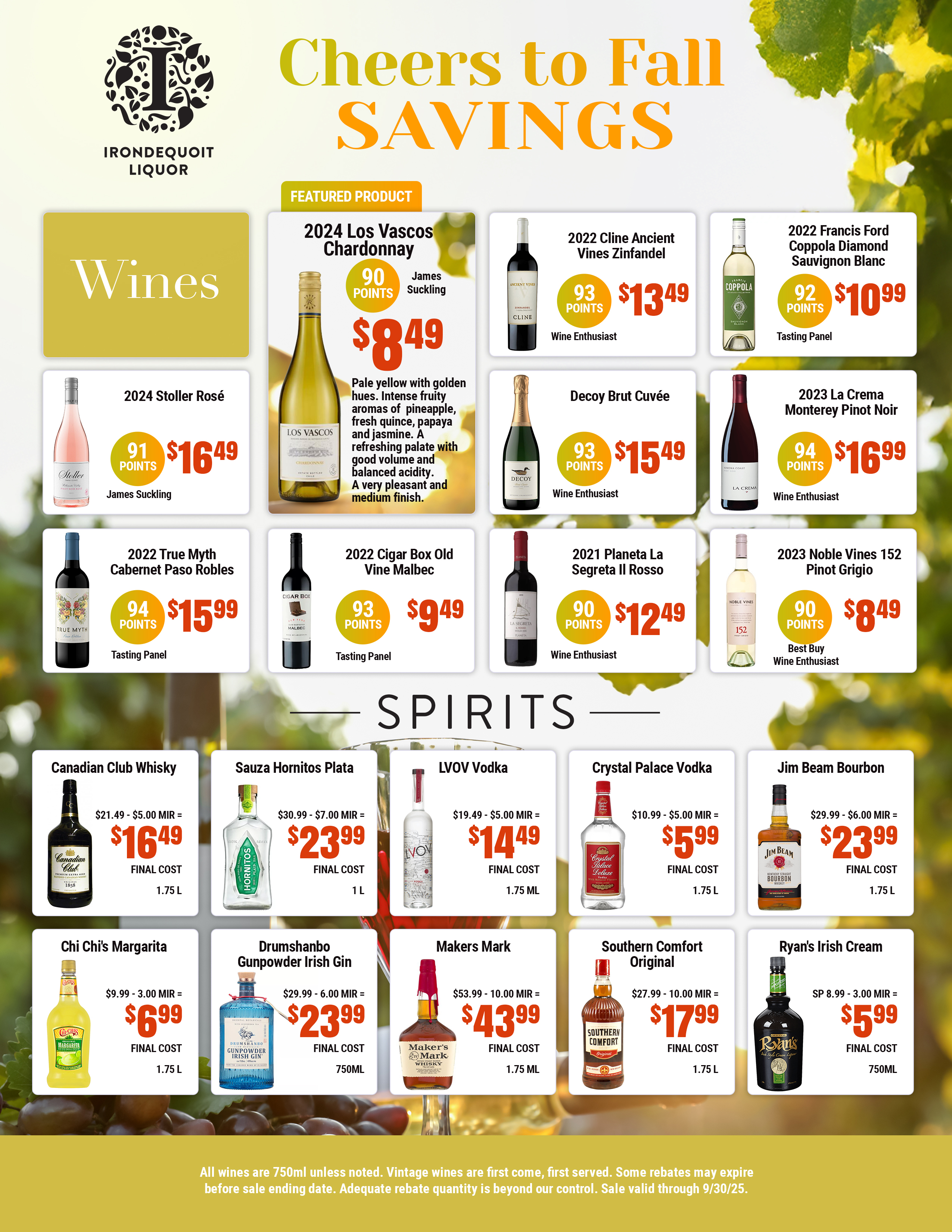 Liquor store flyer featuring fall wine and spirits deals, product images, and discounted prices.