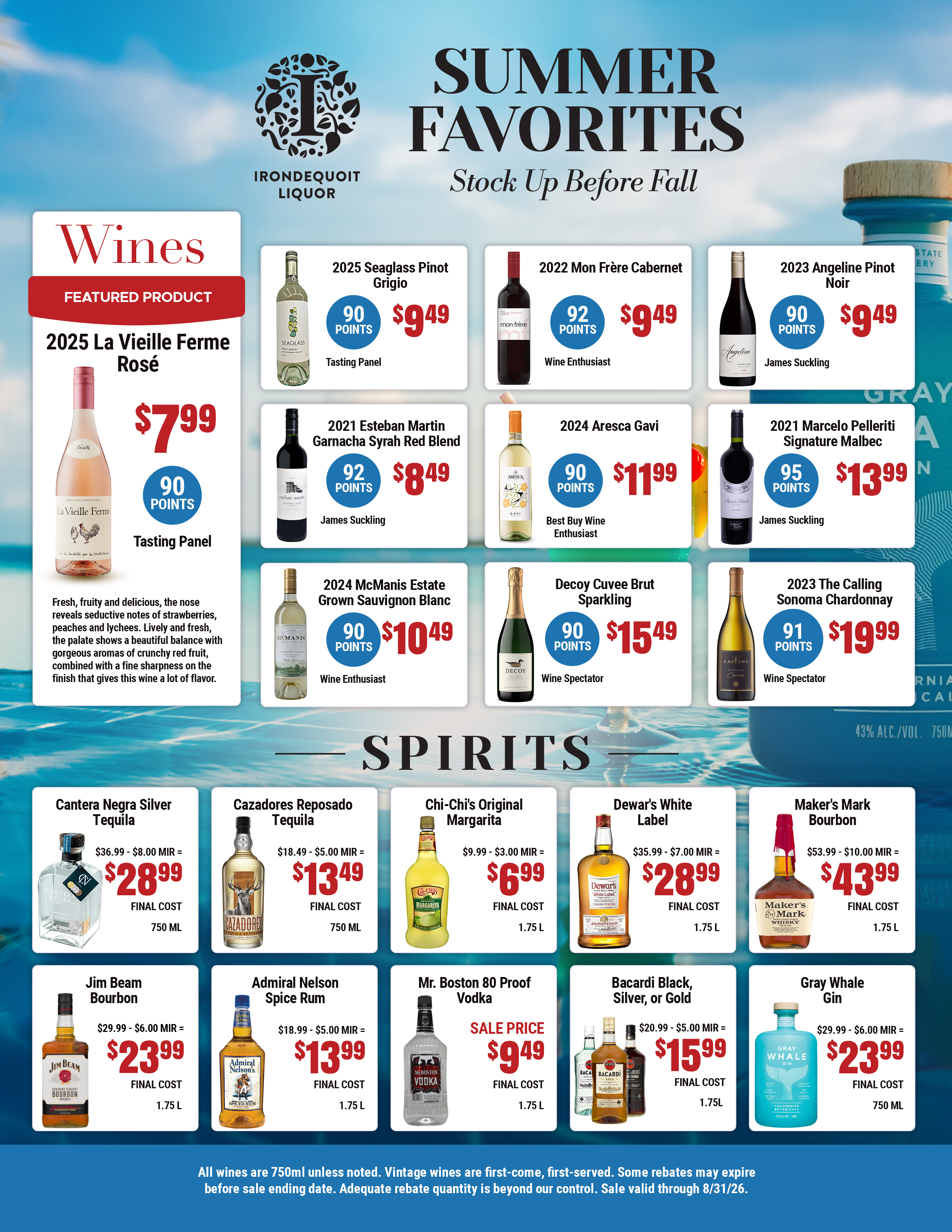 2025 La Vieille Ferme Rosé, fresh strawberry and cherry, pair with seafood or poultry. 7.99.