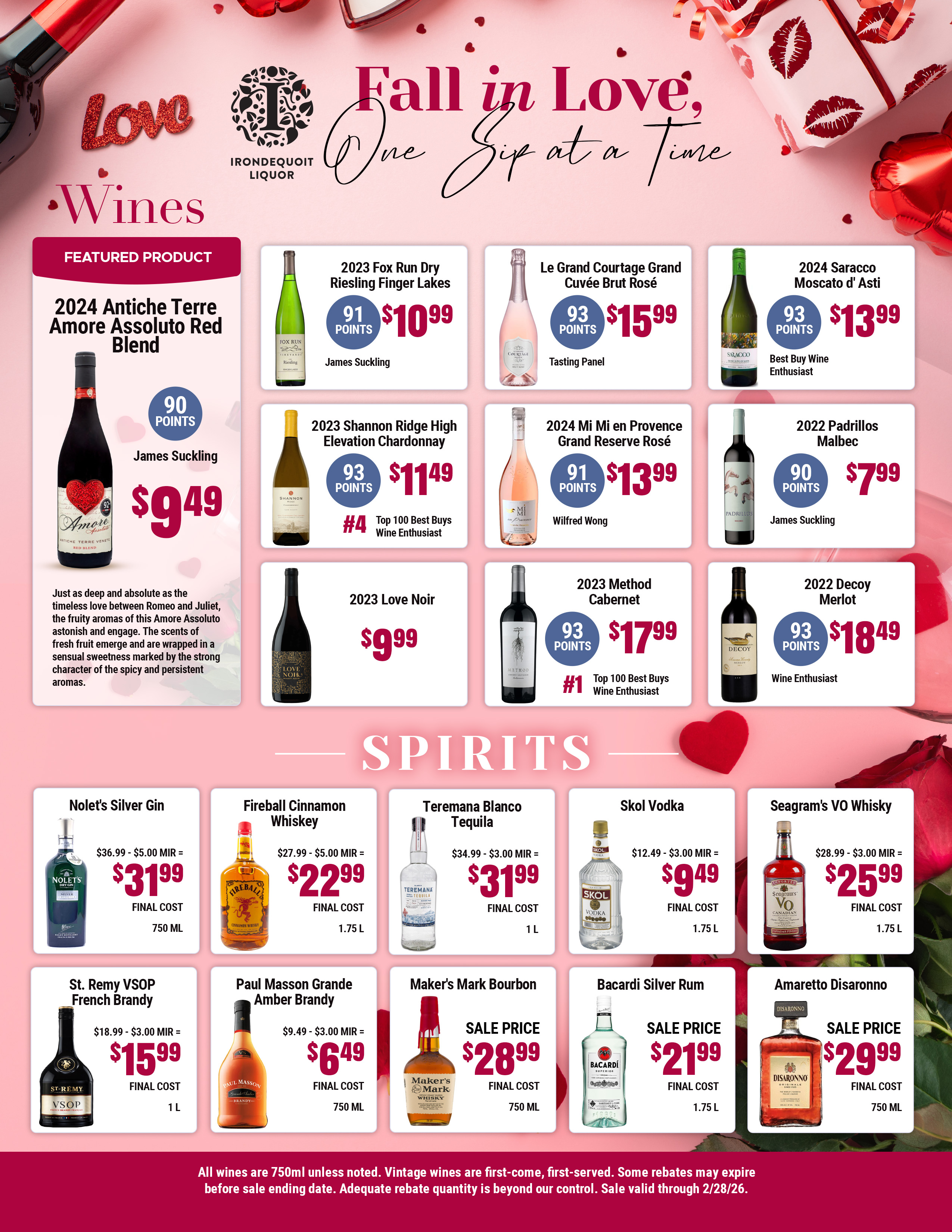 A Valentines Day-themed liquor ad features wine and spirits deals with heart graphics and red accents.