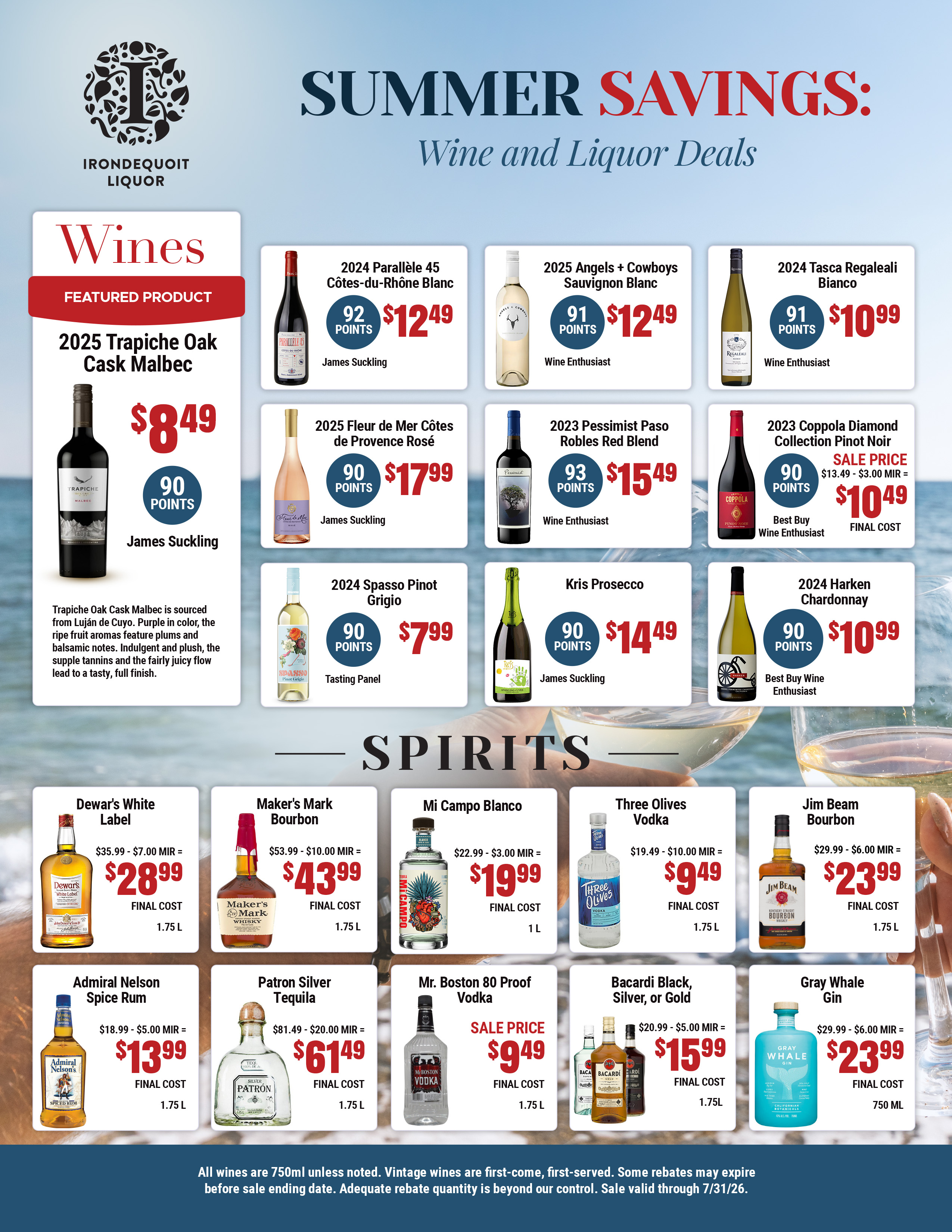 Irondequoit Liquor store flyer showing summer wine and liquor deals with prices and ratings.