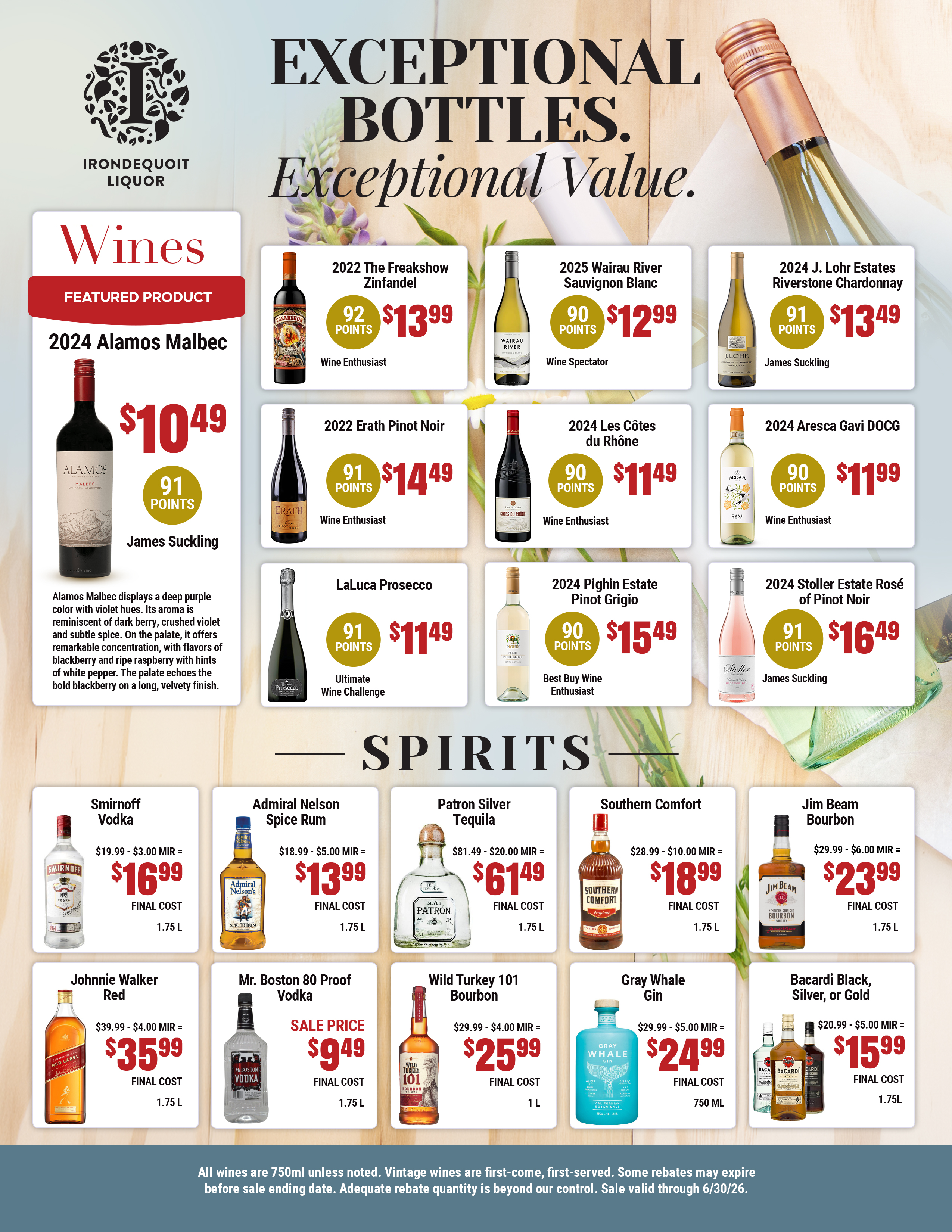 Liquor store ad featuring wines and spirits with prices, bottle images, and promotional highlights.