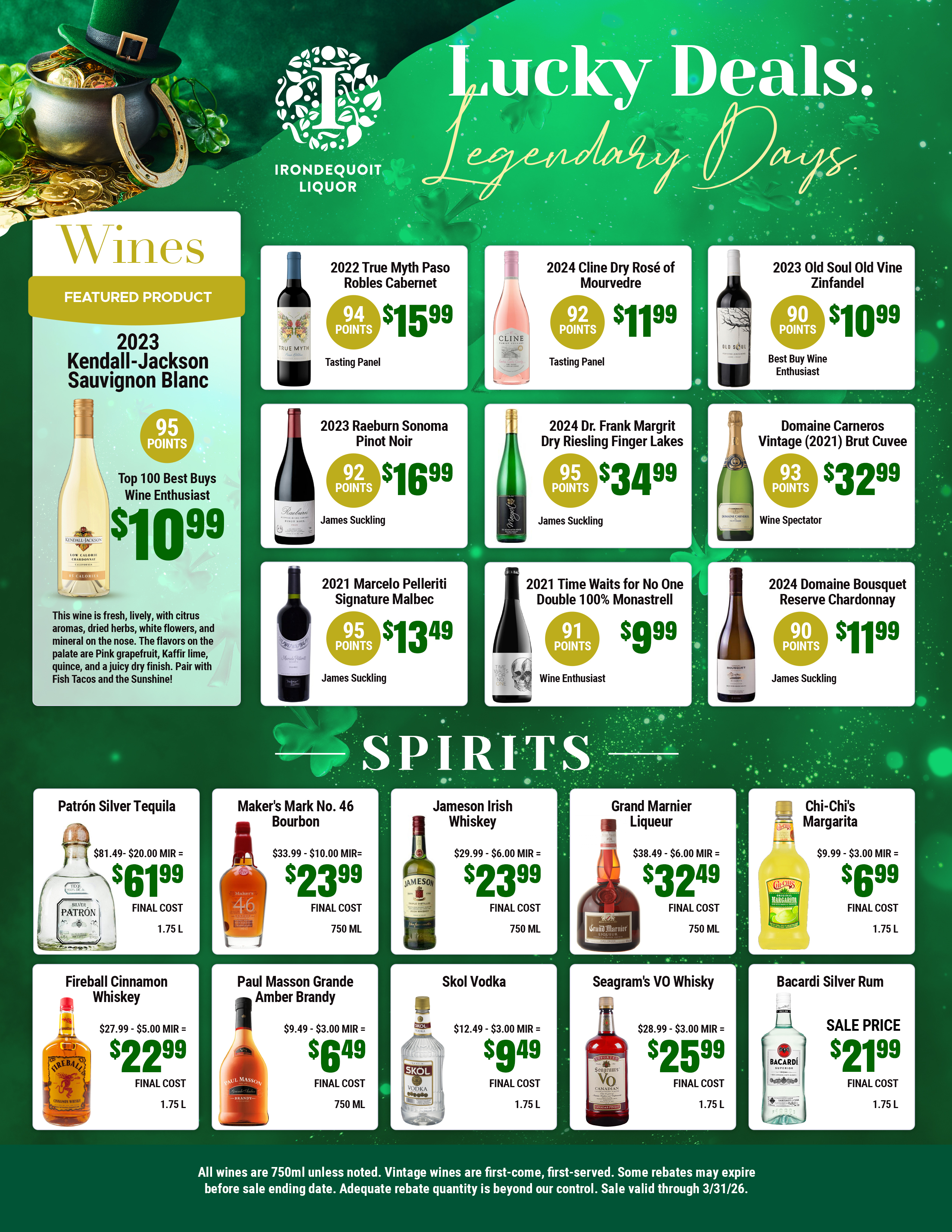 Green St. Patrick’s themed liquor store ad featuring wine and spirits with prices and ratings.