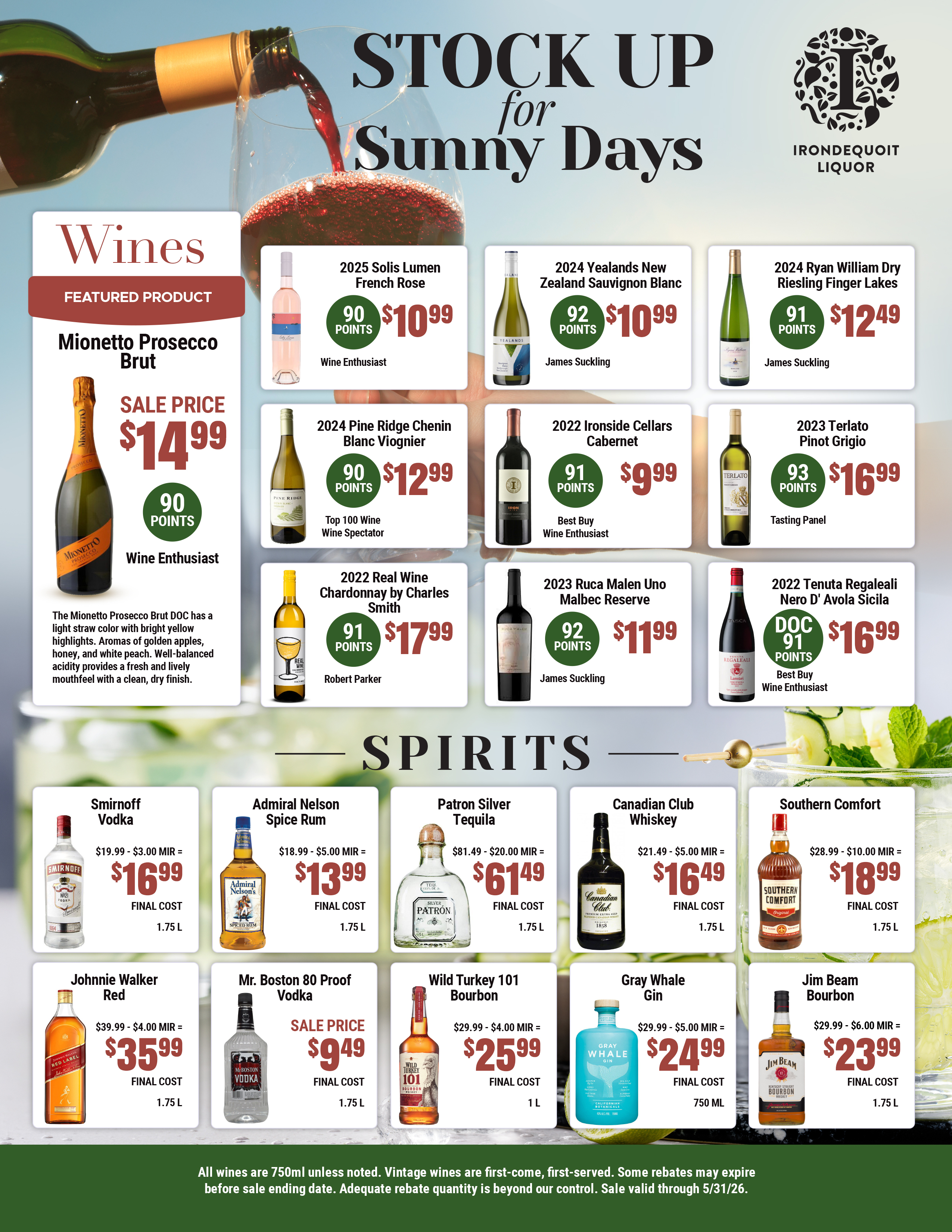Spring-themed liquor store ad with wine bottles, spirits, prices, and floral decorations.
