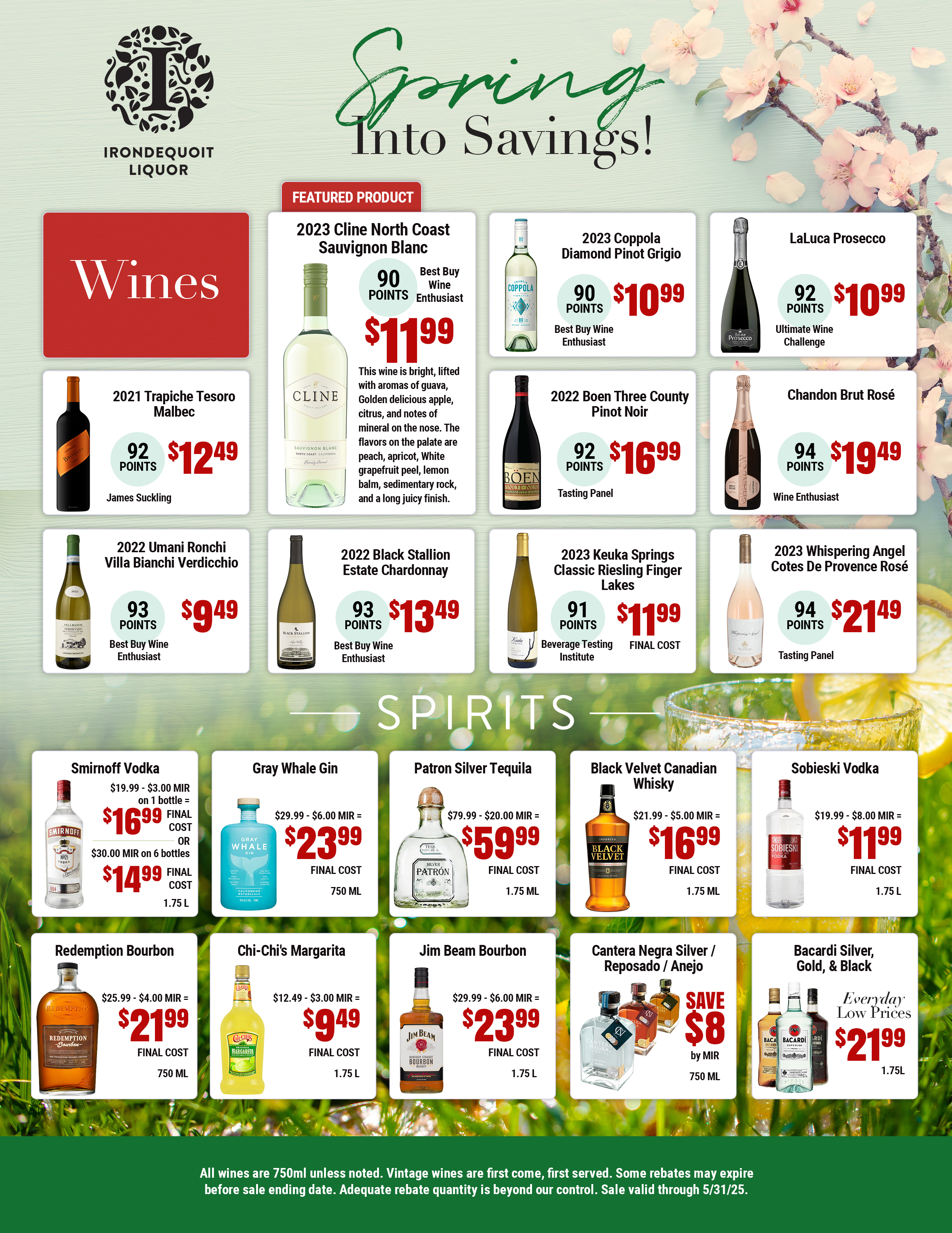 liquor store flyer showing various spirits and wines with prices and ratings