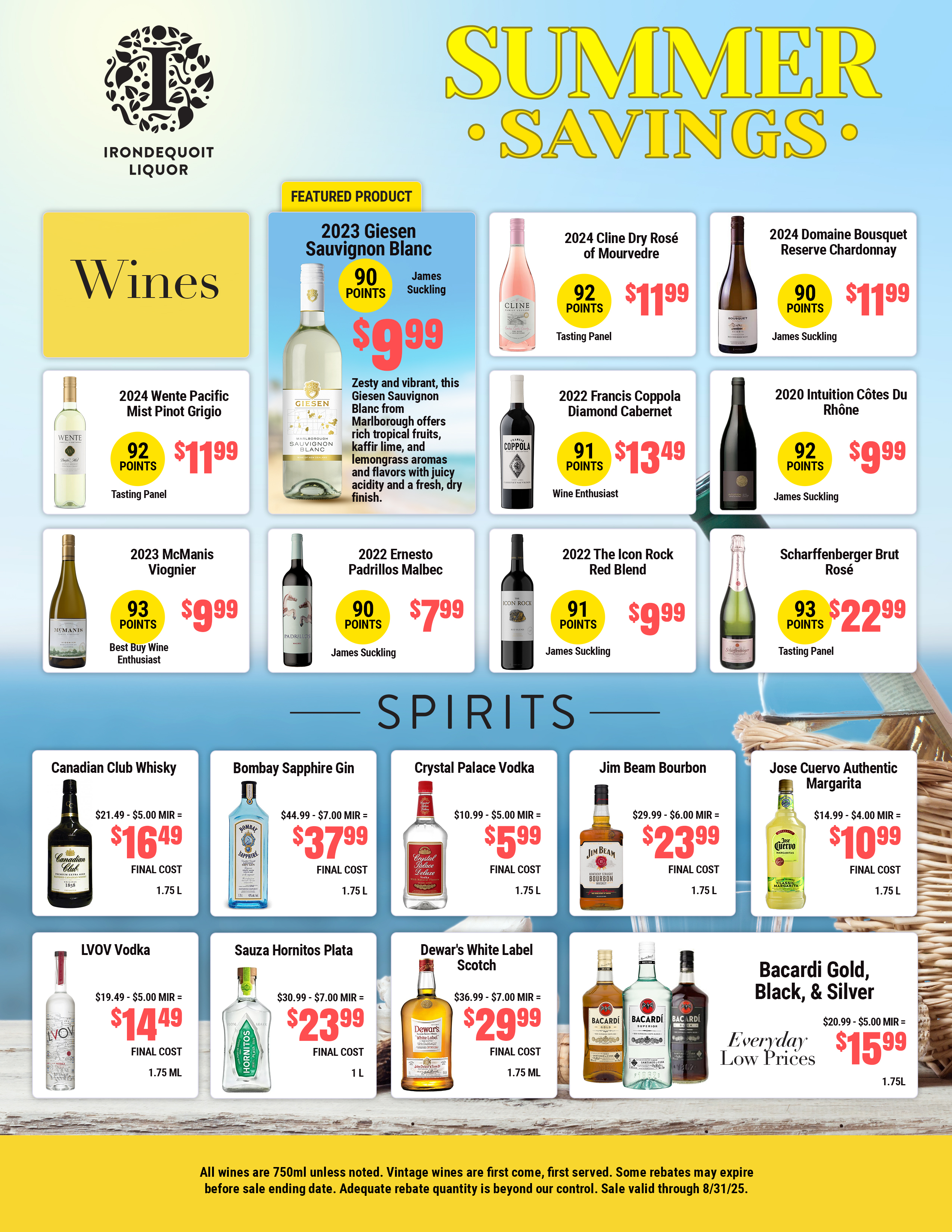 liquor store flyer showing various spirits and wines with prices and ratings