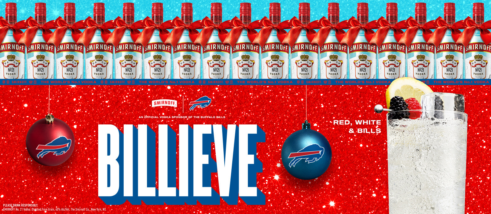 Smirnoff vodka bottles with red bows, holiday ornaments, and a festive drink beside BILLIEVE text.