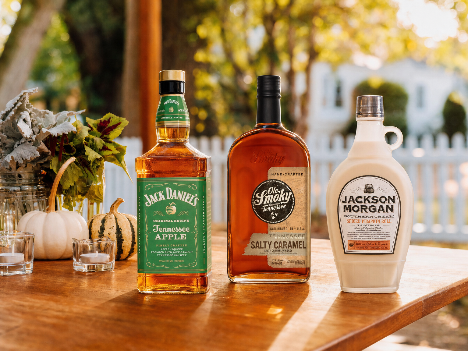 Three bottles of flavored whiskey liqueur on a wooden table with pumpkins and autumn decor.