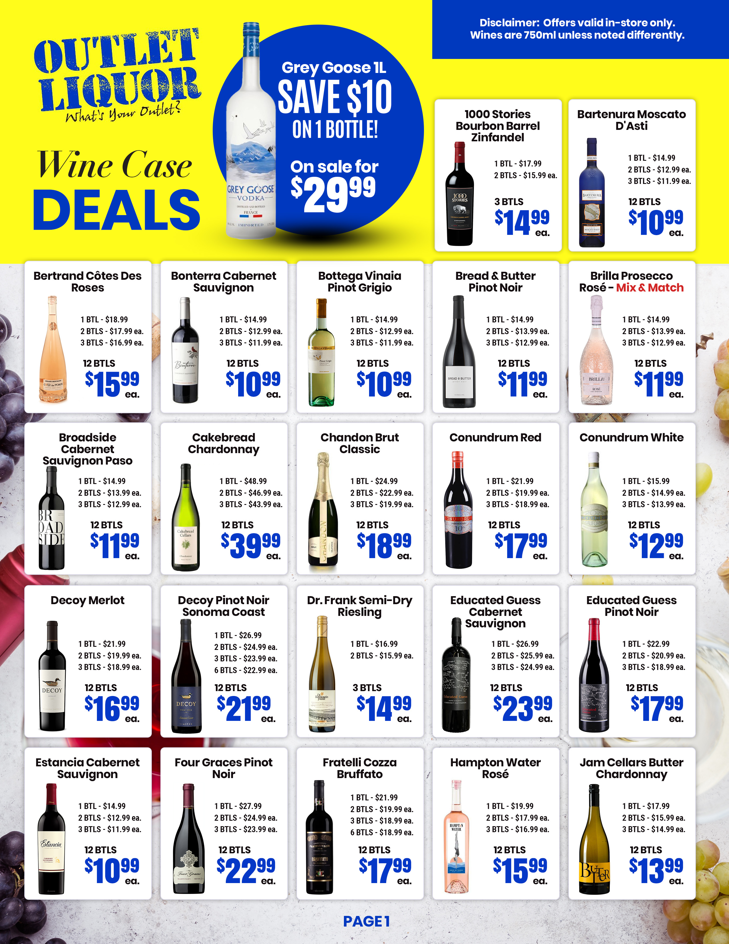 Wine case deals flyer with various wine bottles, prices, and discounts on a blue and yellow background.