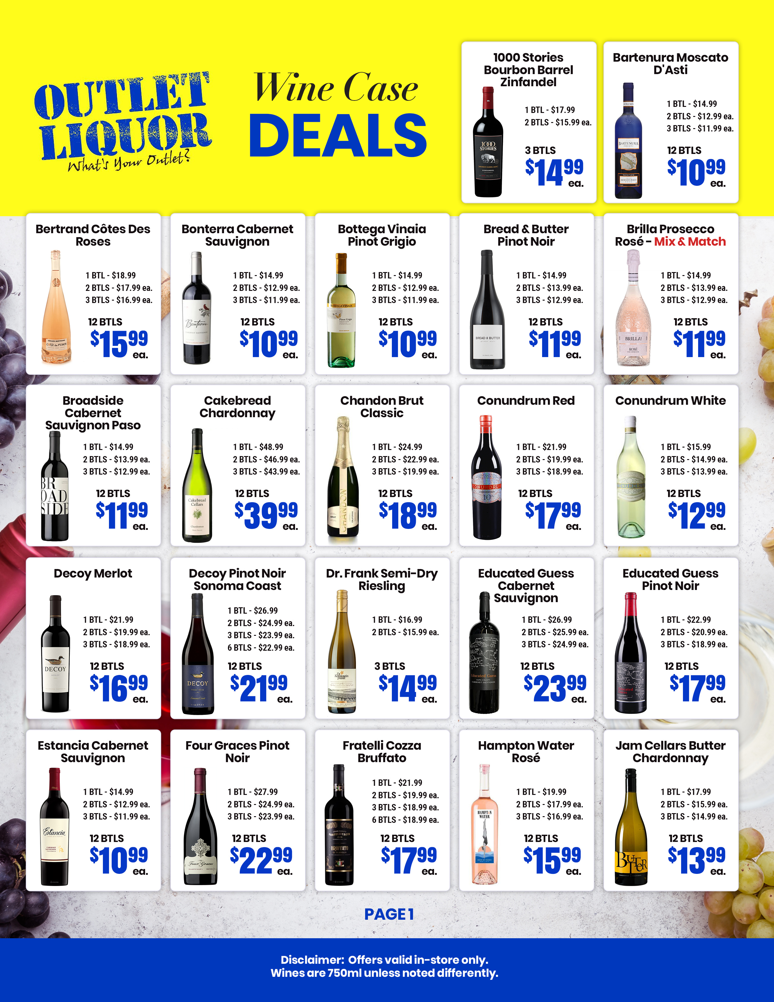 Wine case deals flyer with various wine bottles, prices, and discounts on a blue and yellow background.