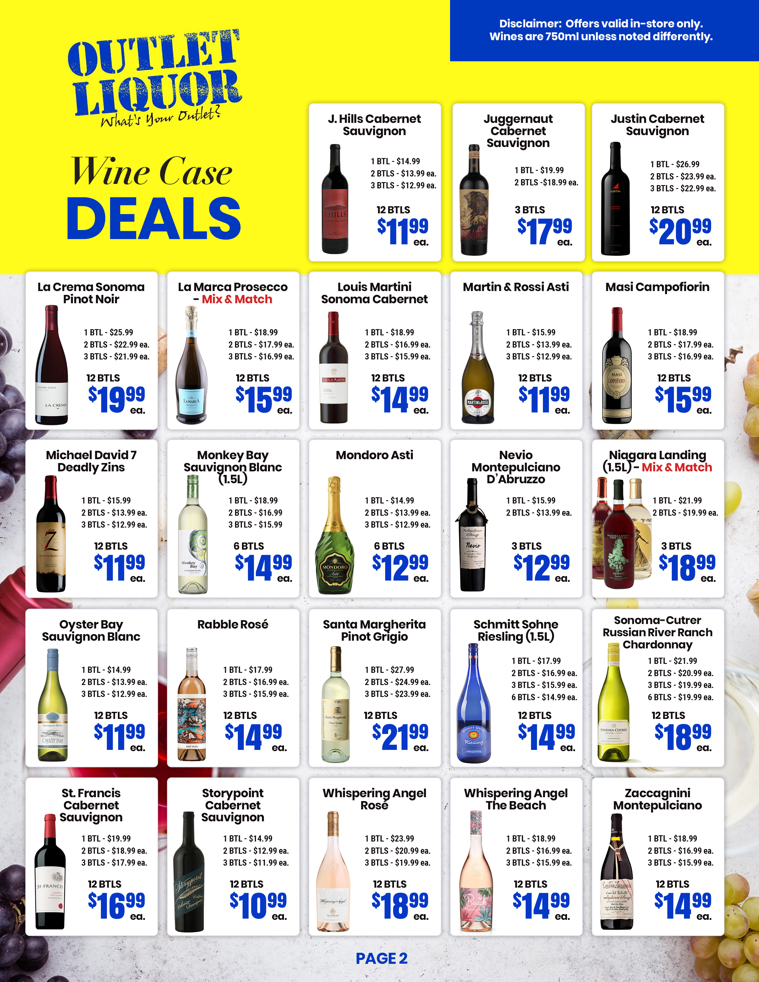 A flyer displaying various wine bottles, names, prices, and case deals on a yellow and blue background.