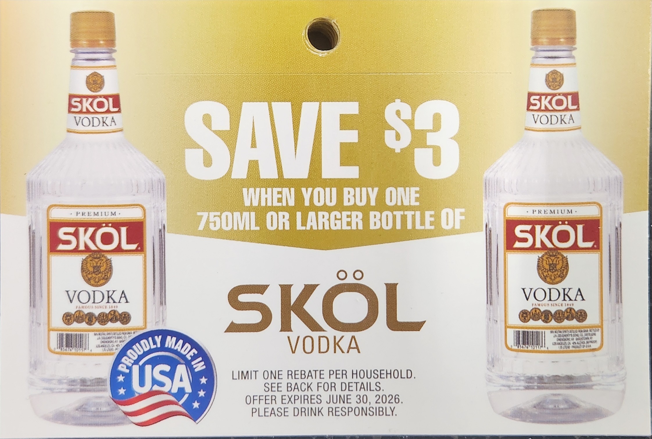 Skol Vodka 750mL or Larger