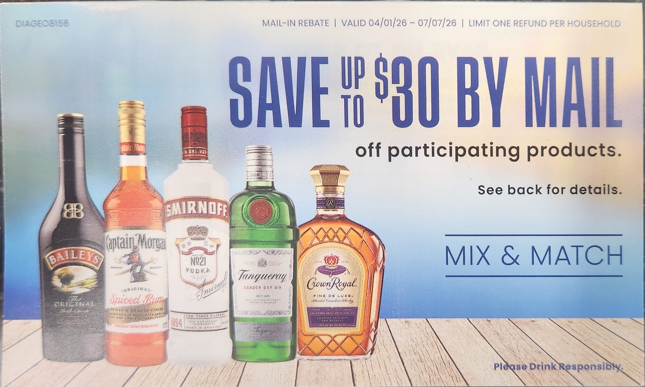 Crown Royal, Bailey's, Captain Morgan, Tanqueray, Smirnoff