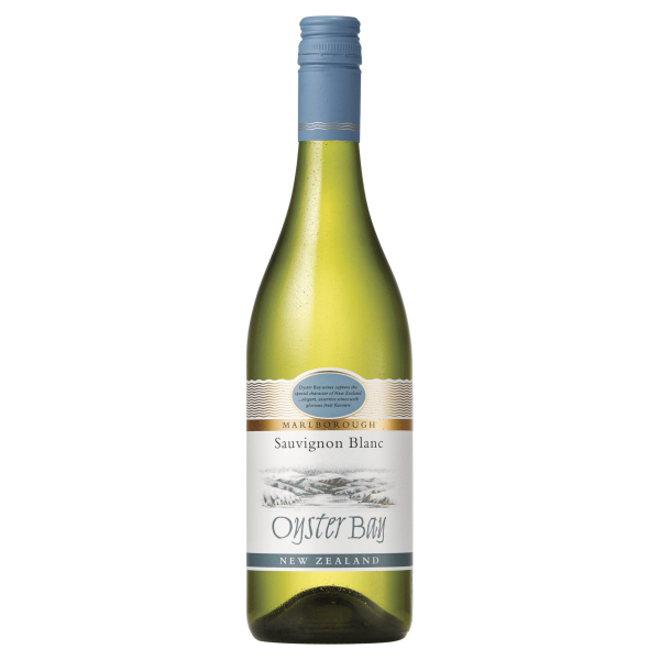 A bottle of oyster bay Sauvignon Blanc wine from Marlborough, New Zealand.