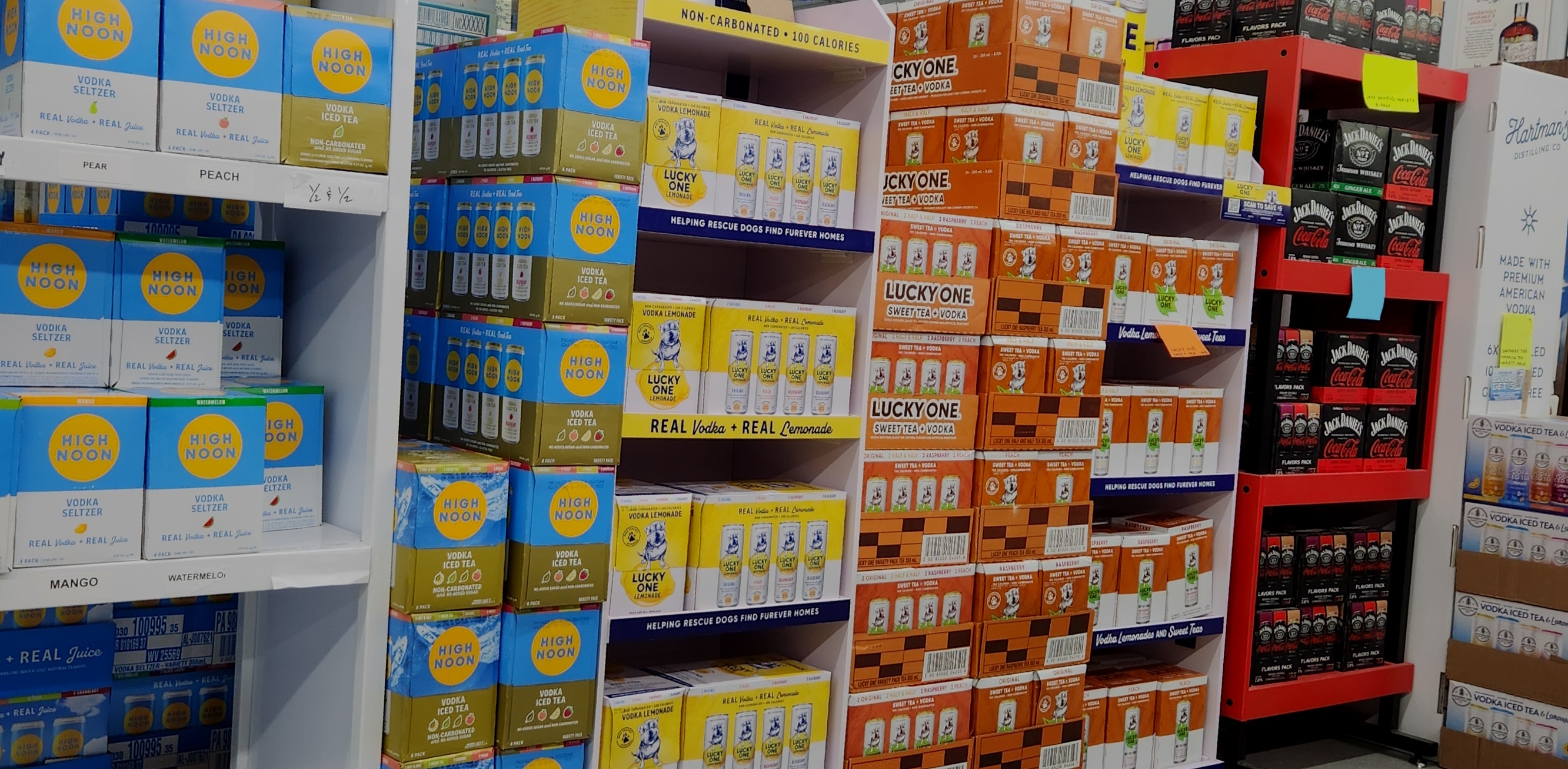 Display of a variety of canned cocktails.