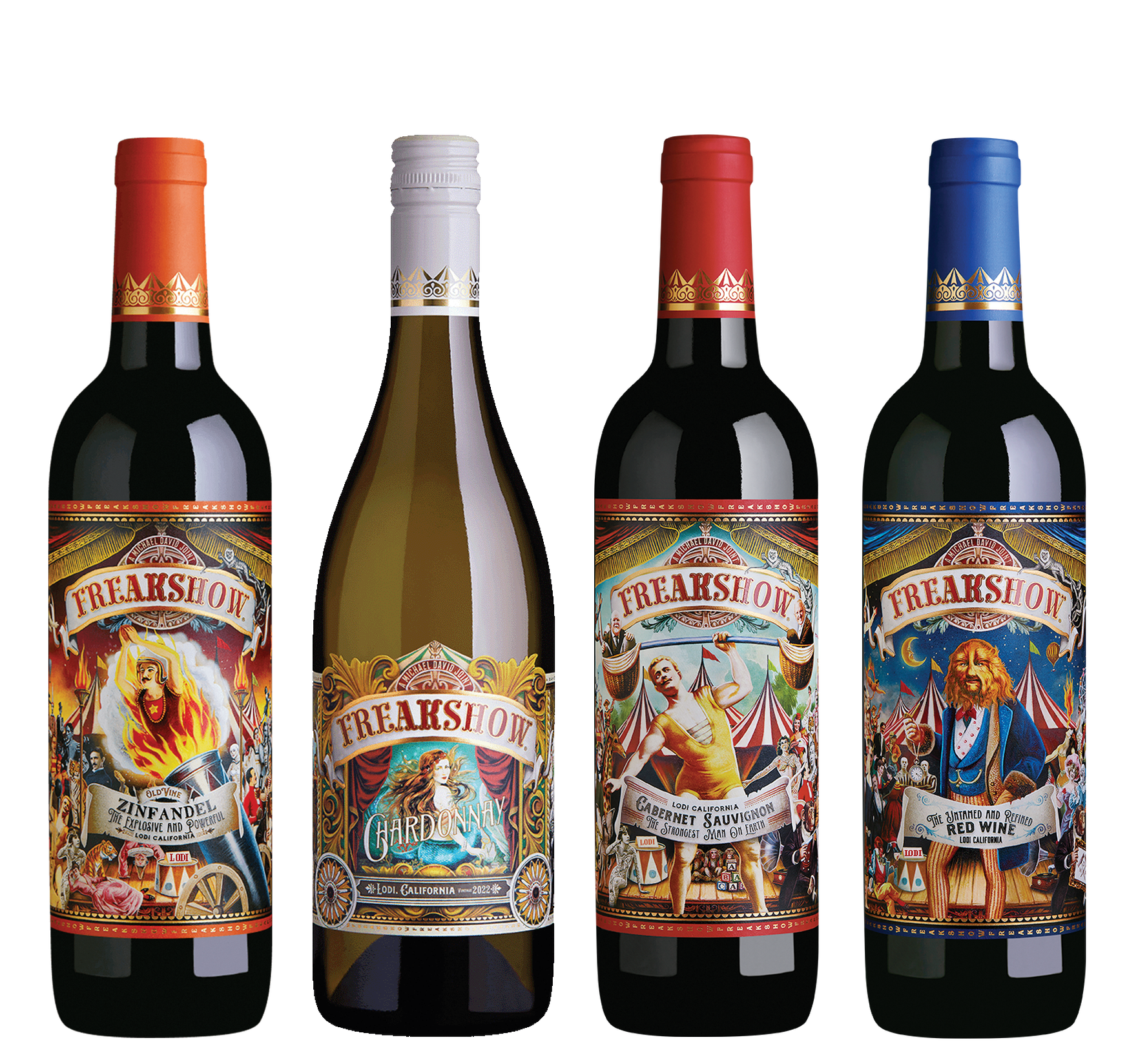 four freakshow wine bottles with colorful circus-themed labels