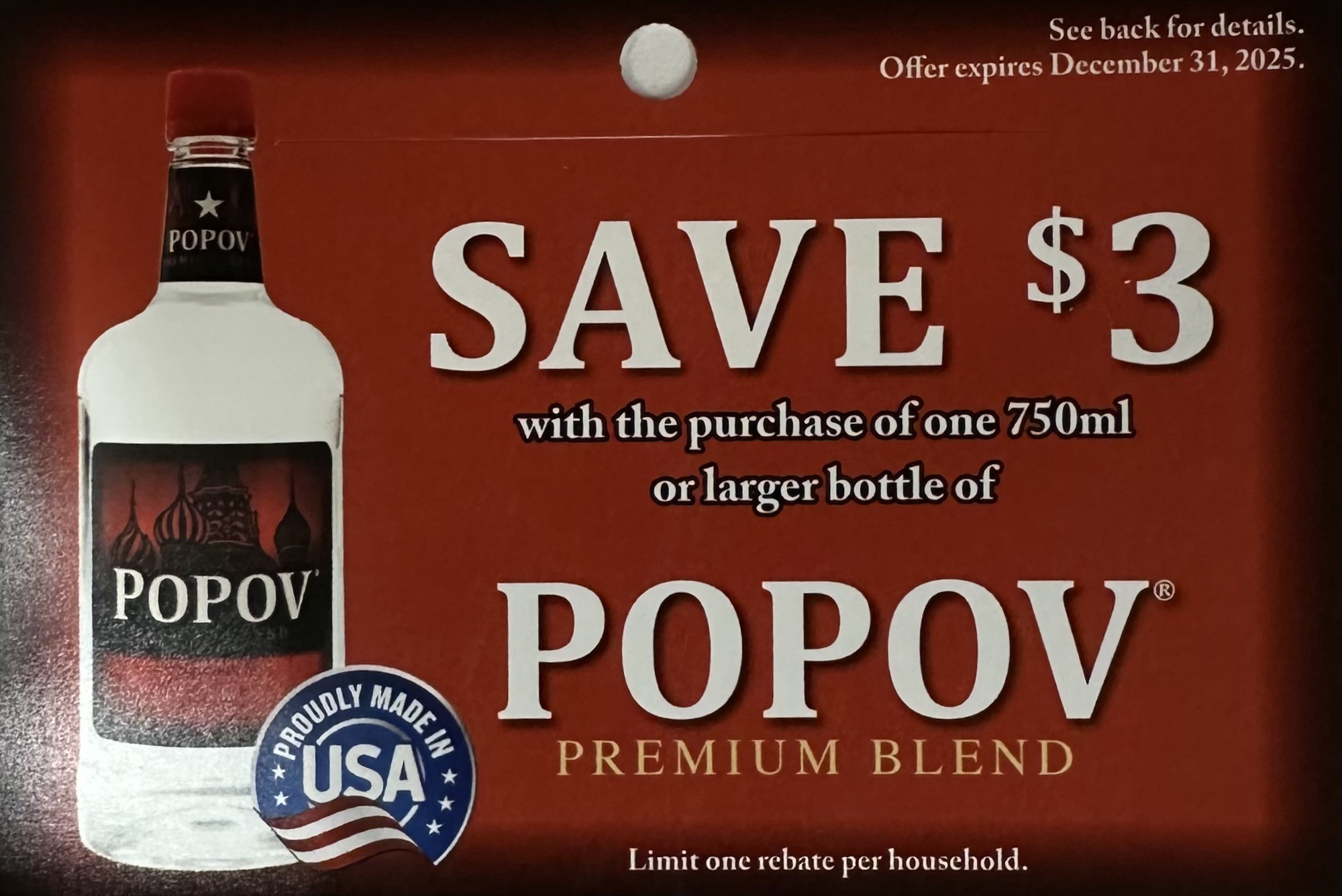 Popov Vodka 750mL or Larger