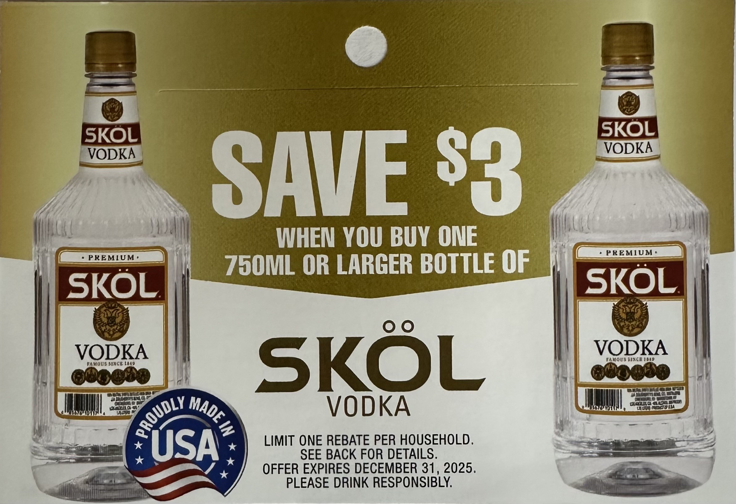 Skol Vodka 750mL or Larger