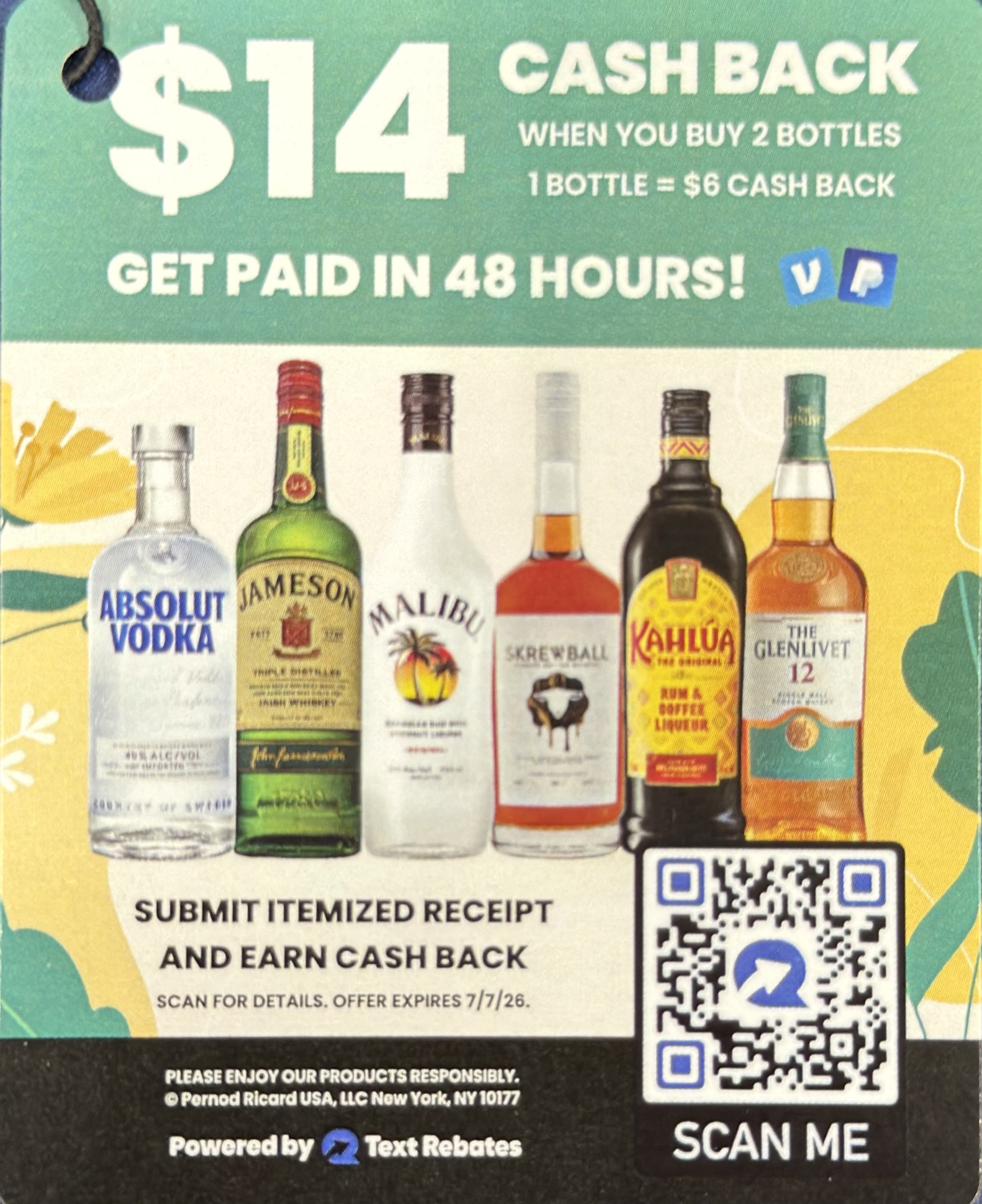 Malibu, Absolut, Kahlua, Jameson, Skrewball, The Glenlivet 750mL or Larger