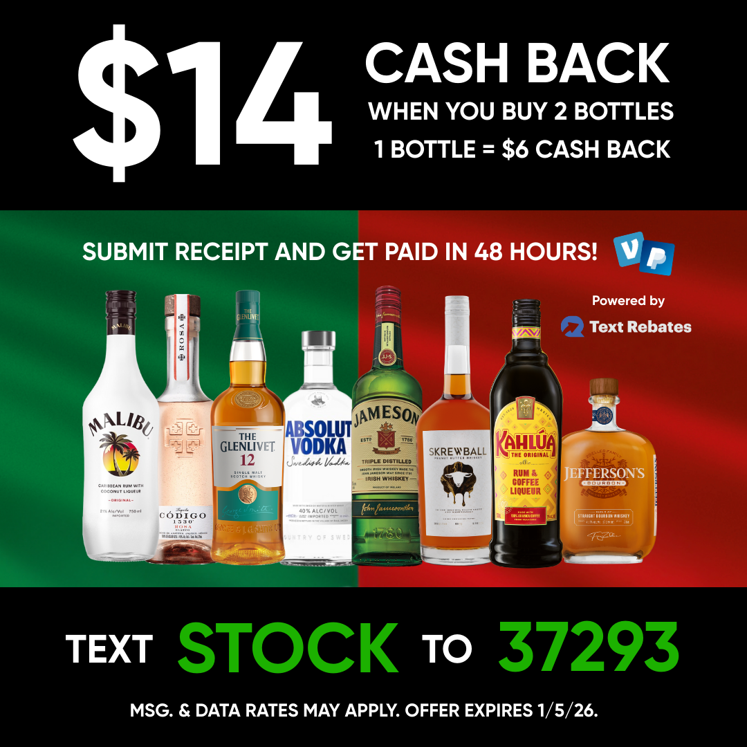 Malibu, Absolut, Kahlua, Jameson, Skrewball, The Glenlivet & Jefferson's 750mL or Larger