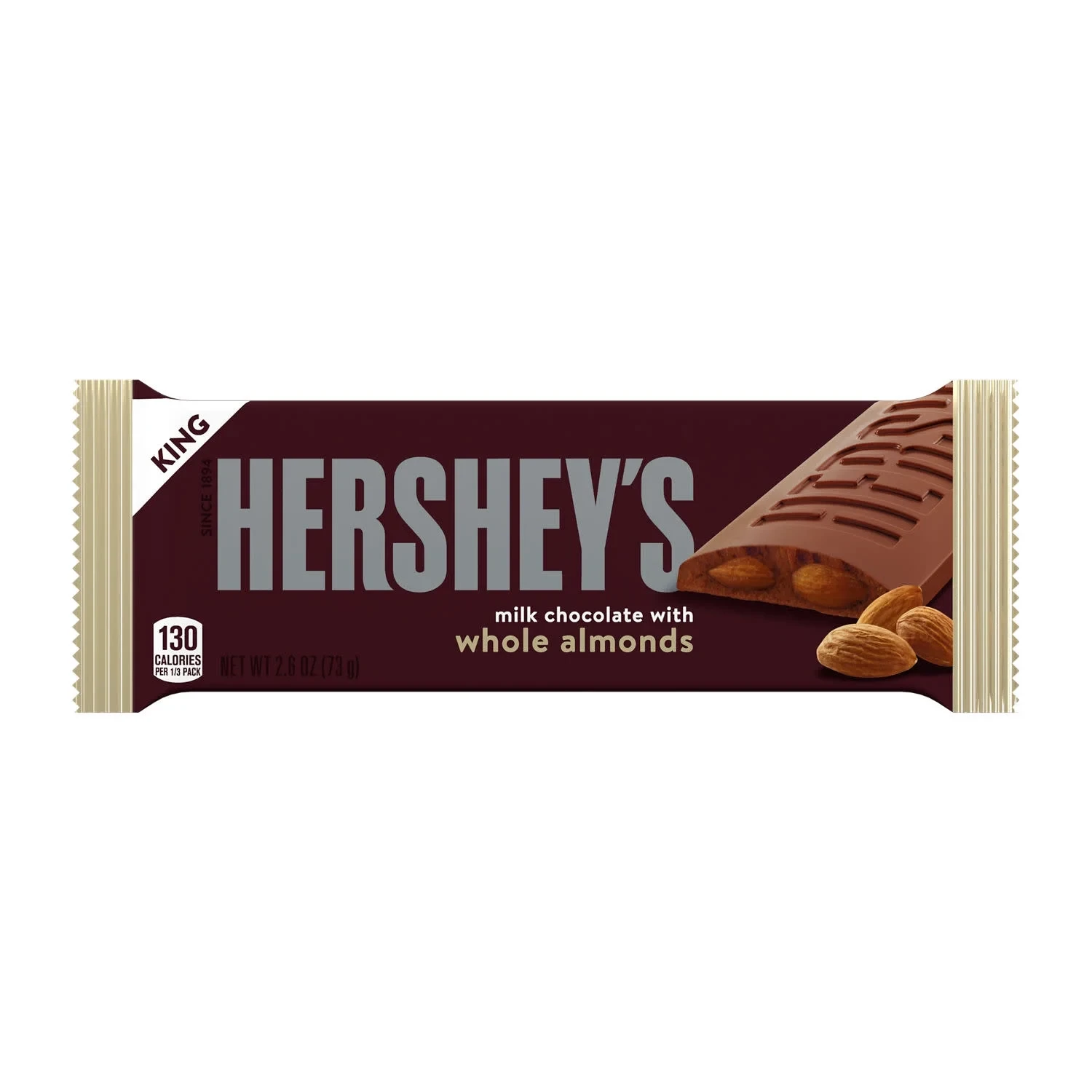 HERSHEY'S KING SIZE MILK CHOCOLATE WITH WHOLE ALMONDS CANDY BAR 2.6OZ
